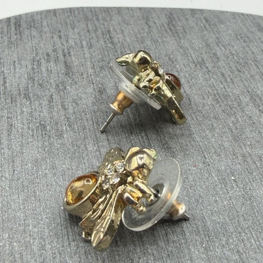 Amber & Gold Tone Bee Stud Earrings Rhinestone Insect Statement Jewelry Pierced
